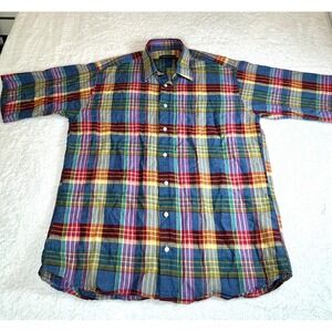 Bullock & Jones Short Sleeve Mens Large Multicolor Plaid Button Down Linen Blend